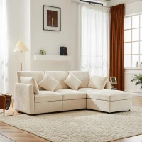 Canapé en tissu chenille moderne, canapé d'angle en L avec pouf et coussins décoratifs, 216x161x81 cm, Beige(m-4)