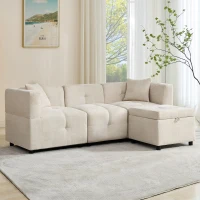 Canapé d'angle 3 places avec rangement, design en L avec pouf amovible et 2 coussins, 204x126x69 cm, Beige(m-5)