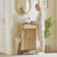 HOMCOM Zapatero Estrecho con 2 Puertas Cajón y Estantes Ajustables para 8 Pares de Zapatos 60x24x105,5 cm Roble(m-8)