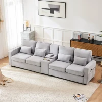 Canapé 4 places moderne en tissu de lin, avec console, 2 porte-gobelets, 2 ports USB, 290x83x88 cm, Gris(m-1)
