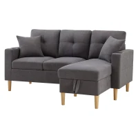 Canapé d'angle moderne en L, 3 places avec méridienne et rangement, porte-gobelet intégré, 175x129x90 cm, Gris foncé(m-11)