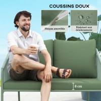 Outsunny Canapé de jardin 2 places en résine tressée avec coussins canapé d'extérieur accoudoirs cadre en acier 112x72x76cm vert(m-6)