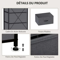HOMCOM Commode 5 tiroirs meuble de rangement tiroir en tissu pliant - structure acier noir - 45 x 30 x 116 cm gris foncé(m-6)
