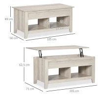 HOMCOM Table basse plateau relevable, table de salon avec étagères et compartiment caché,105 x 50 x 49-62,5 cm pour salon, chambre, aspect chêne clair(m-3)
