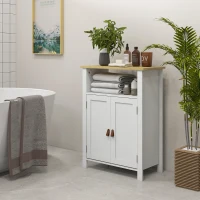 kleankin Meuble bas de salle de bain multi-rangements grande niche placard double porte blanc et naturel(m-10)