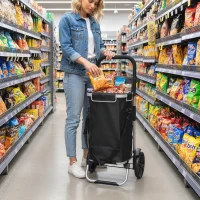 HOMCOM Chariot de courses pliable 40 L caddie de courses portable à roulettes avec poignée télescopique, 45,5x35,5x97cm, noir(m-10)