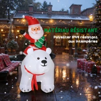 Outsunny Père Noël gonflable de Noël sur ours polaire 200 cm, 5 lumières LED, décoration de Noël intérieure et extérieure, blanc(m-5)