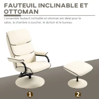 HOMCOM Fauteuil relax avec pouf, fauteuil TV avec dossier inclinable, pivotant à 360° assise rembourrée confortable, crème(m-7)