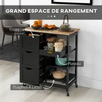 HOMCOM Chariot desserte de cuisine à roulettes plan de travail en bois 3 tiroirs et 1 plateau amovible 67 x 37 x 85,5 cm noir(m-4)