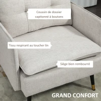 HOMCOM Fauteuil scandinave dossier capitonné avec passepoil en tissu 76 x 68 x 80 cm crème et pieds en métal noir et doré(m-4)