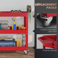 DURHAND Chariot desserte d'atelier acier 3 plateaux sur roulettes avec poignée charge max. 150 kg 83 x 35,3 x 76 cm acier rouge(m-5)