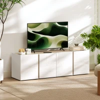 HOMCOM Meuble TV, banc TV avec 4 portes à fermeture amortie, étagère réglable et passe-câbles, 135 x 38 x 45 cm, blanc(m-10)