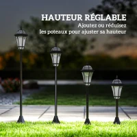 Outsunny 2 lampadaires sur pied solaires d'extérieur jardin avec 2 lampes LED blanc 6000K IP44 Ø18,5 x 129H cm noir(m-6)