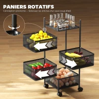 HOMCOM Desserte de cuisine à roulettes à 5 niveaux, chariot de rangement 4 paniers rotatifs, étagère, 27,5x27,5x77cm, noir(m-4)