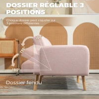 HOMCOM Canapé Convertible 2 Places Design scandinave Dossier inclinable 3 Positions Pieds Bois Tissu Aspect Lin Rose(m-5)