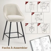 HOMCOM Lot de 2 tabourets de bar en tissu velours côtelé, chaises de bar avec dossier courbé, repose-pieds, 49x52x88cm, crème(m-7)