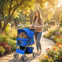 PawHut Carrinho Dobrável para Cães com Faixas Refletoras Rodas Giratórias Freios e Almofada Lavável Azul(m-2)