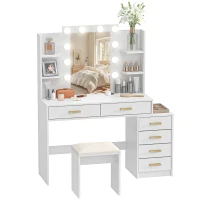 HOMCOM Penteadeira com Espelho Iluminado e Banqueta Estofada Conjunto de Maquiagem com 6 Gavetas e Prateleiras Branco(m-6)