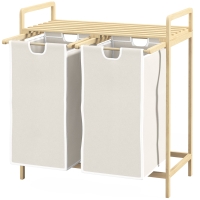 HOMCOM Panier à linge en bambou 2 paniers amovibles et coulissants en non-tissé 63,5 x 33 x 73 cm crème