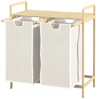 HOMCOM Panier à linge en bambou 2 paniers amovibles et coulissants en non-tissé 63,5 x 33 x 73 cm crème(m-1)