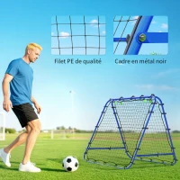 HOMCOM Filet de rebond double face 91 x 91 cm filet de rebond football pliable réglable dans 5 angles structure en acier bleu(m-6)