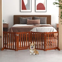 PawHut Barrière de sécurité chien pliable double face en bois, 4 panneaux avec porte, pieds de support, 205 x 60 cm, marron(m-10)