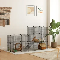 PawHut Enclos pour petits animaux, cage à lapin modulable 2 niveaux, 39 panneaux avec rampe, en acier, 140 x 70 x 105 cm, noir(m-2)