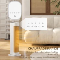 HOMCOM Chauffage d'appoint céramique PTC, radiateur électrique 2000 W avec thermostat réglable, minuterie, 21x19,7x61cm, blanc(m-4)