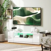 HOMCOM Meuble TV, banc TV, meuble de télévision, jusqu'à 60 pouces, avec lumières LED, 2 étagères et placards, panneau de porte brillant, 137 x 35 x 42 cm, blanc(m-10)