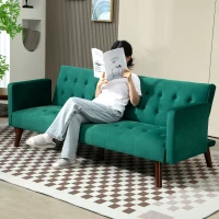 HOMCOM Canapé lit convertible 3 places, canapé élégant en tissu capitonné avec pieds en bois pour salon, chambre d'amis, vert(m-10)