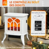 HOMCOM Cheminée électrique sur pied 750/1500 W, fausse cheminée décorative avec effet flamme LED, 37,3 x 23,1 x 44 cm, blanc(m-4)