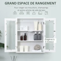 kleankin Armoire murale de salle de bain, meuble haut salle de bains avec 2 portes en verre, étagère réglable, 55x20x65cm, blanc(m-4)