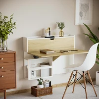 HOMCOM Bureau pliable mural avec étagères de rangement et placard, bureau rabattable, 100 x 18 x 74 cm effet bois naturel(m-10)