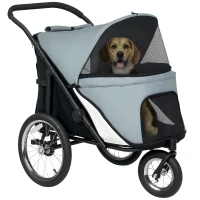 PawHut Poussette pour chien 3 roues avec pliage facile, sac de rangement, coussin souple, laisse de sécurité, gris(m-11)
