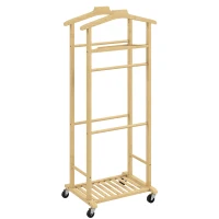 HOMCOM Portant à vêtements sur roulettes, porte-manteaux en bambou, double cintre intégré, 47 x 33,7 x 105,5 cm, bois naturel(m-12)