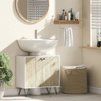 kleankin Meuble sous lavabo, meuble de salle de bain avec 2 portes, pieds en acier, 60 x 30 x 60 cm, blanc et bois naturel(m-2)
