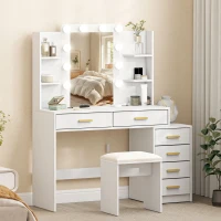 HOMCOM Tocador con espejo iluminado y taburete acolchado, set de maquillaje con 6 cajones y estantes, Blanco(m-2)