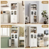 HOMCOM Armoire de cuisine buffet cuisine vaisselier meuble de rangement avec 2 niches, 2 placards avec 4 portes dont 2 portes vitrées, étagère réglable - dim. 60I x 30P x 162H cm blanc(m-8)