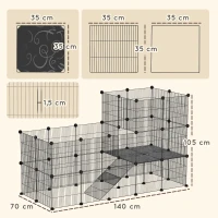 PawHut Enclos pour petits animaux, cage à lapin modulable 2 niveaux, 39 panneaux avec rampe, en acier, 140 x 70 x 105 cm, noir(m-3)