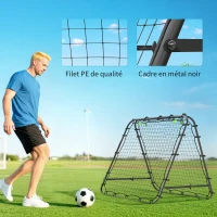 HOMCOM Filet de rebond double face 91 x 91 cm filet de rebond football pliable réglable dans 5 angles structure en acier noir(m-6)