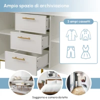 Credenza Elegante con 2 Ante e 3 Cassetti,  Design Moderno con Maniglie Decorative Oro, per Soggiorno e Camera da Letto, Bianco(m-4)