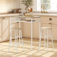 HOMCOM Conjunto de Móvel Bar com Mesa Alta e 2 Bancos com Prateleira de Armazenamento e Estrutura de Metal 80x50x90cm Branco e Madeira(m-8)