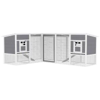 PawHut Cotet pentru găini casă din lemn în formă de L cu 2 case, 2 niveluri, zonă de alergare, rampă, 251 x 192 x 103 cm Gri(m-7)