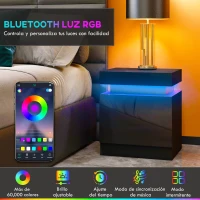 HOMCOM Mesilla de Noche con Luces LED 2 Cajones y Control de APP Mesa de Noche para Dormitorio Salón 45x35x52 cm Negro(m-4)