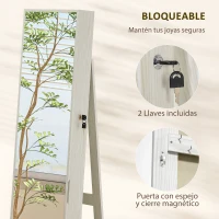HOMCOM Armario Joyero con Luces LED y Cerradura Espejo Integrada Blanco con Veta de Madera(m-6)