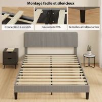 HOMCOM Cadre de lit 160 x 200 cm, sommier à lattes en bois, tête de lit réglable, lit double rembourré en velours côtelé, gris(m-6)