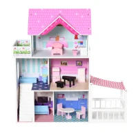 HOMCOM Casa delle Bambole in Legno, Casetta delle Bambole per Bambini a 3 Piani con 13 Accessori, Giocattolo per Bambini 3+ Anni(m-4)