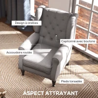 HOMCOM Fauteuil de salon capitonné avec assise large, pieds en bois, style classique, grand confort, 74 x 86 x 102 cm, gris(m-4)