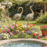 Outsunny Set de 2 statui de grădină, sculptură de stârc din metal, statui de păsări 91/95cm, pentru curte, iaz, terasă, auriu/albastru(m-5)