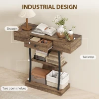 HOMCOM Console Table, 3-Tier Industrial Hallway Table with Drawer, Storage Shelves, 91 x 32 x 87 cm, Rustic Brown(m-5)